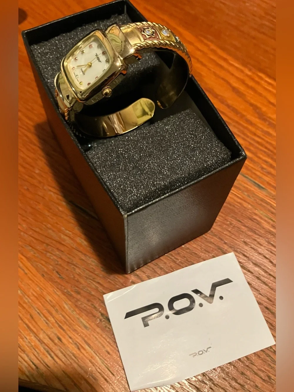 NEW Vintage POV Gold-Tone Square Face Quartz Watch with Jewel Accents